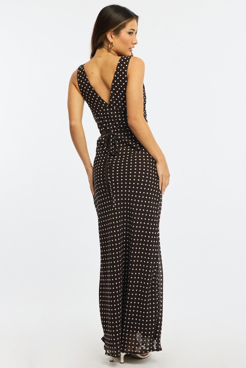 Brown Polka Dot Maxi Dress V-Neck Chiffon