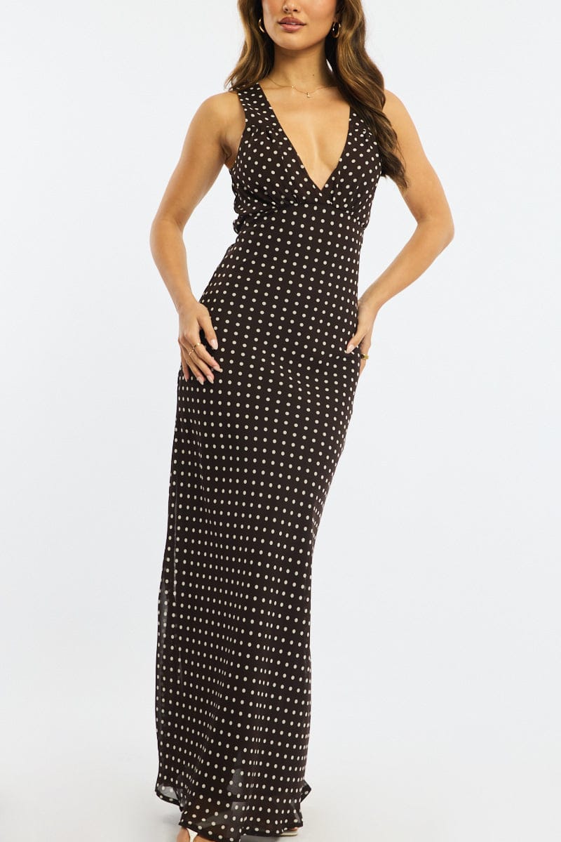 Brown Polka Dot Maxi Dress V-Neck Chiffon
