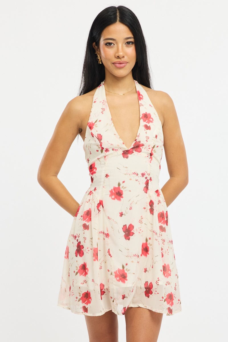 Pink Floral Halter Neck Dress Mini