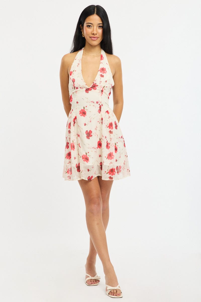 Pink Floral Halter Neck Dress Mini