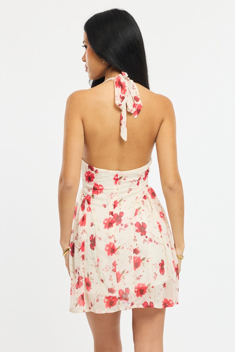 Pink Floral Halter Neck Dress Mini