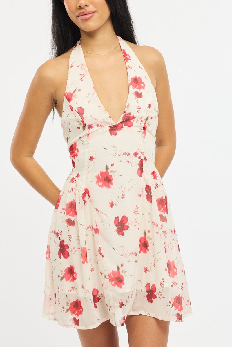 Pink Floral Halter Neck Dress Mini