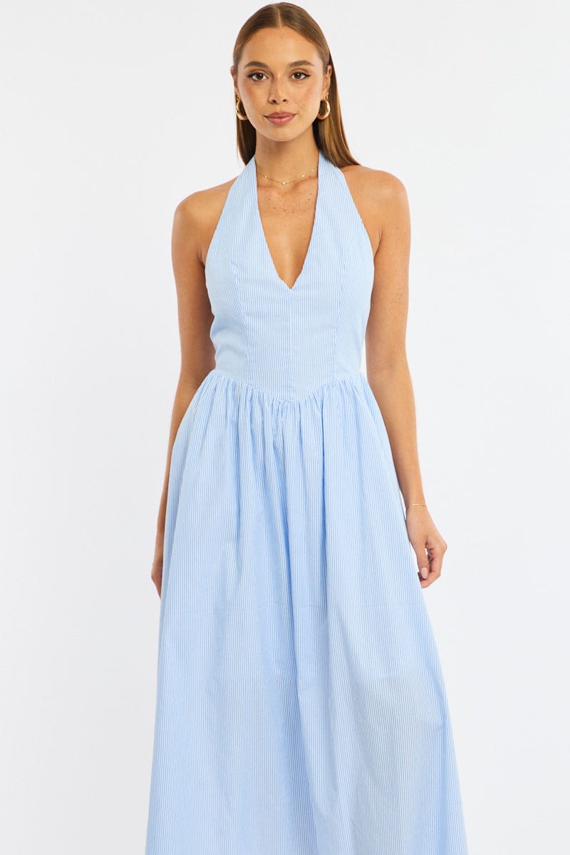 Blue Stripe Halter Neck Dress