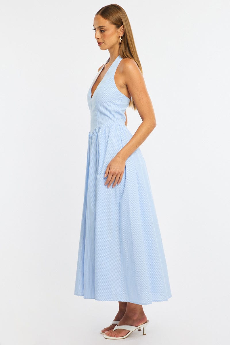 Blue Stripe Halter Neck Dress