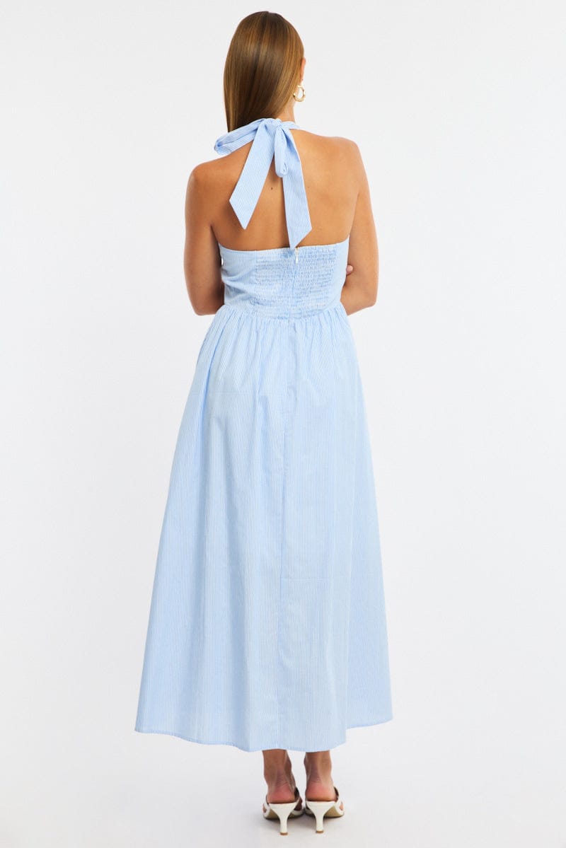 Blue Stripe Halter Neck Dress