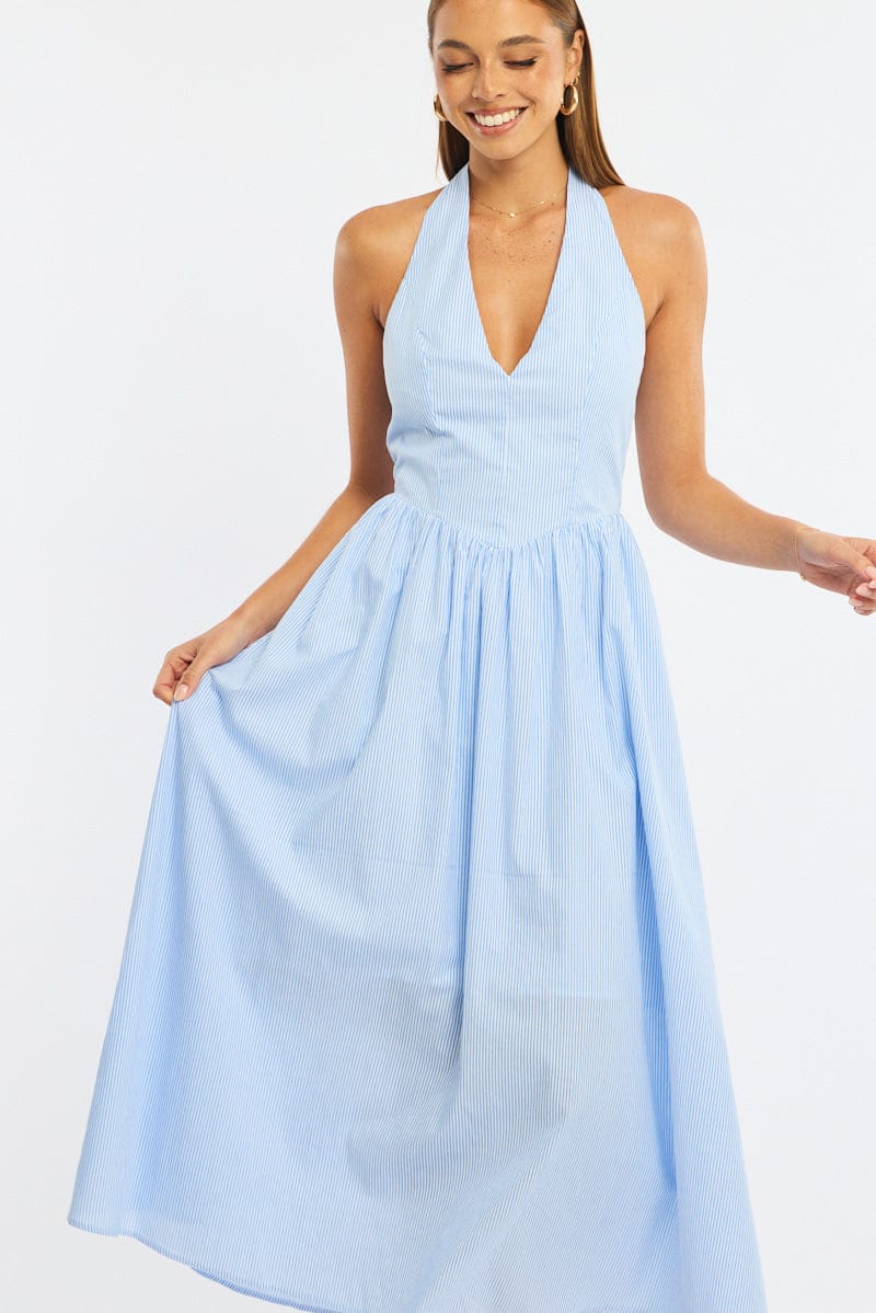 Blue Stripe Halter Neck Dress