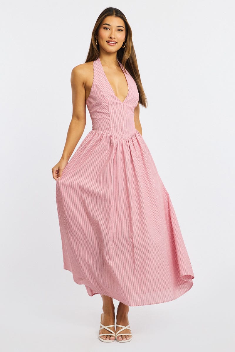 Red Stripe Halter Neck Dress