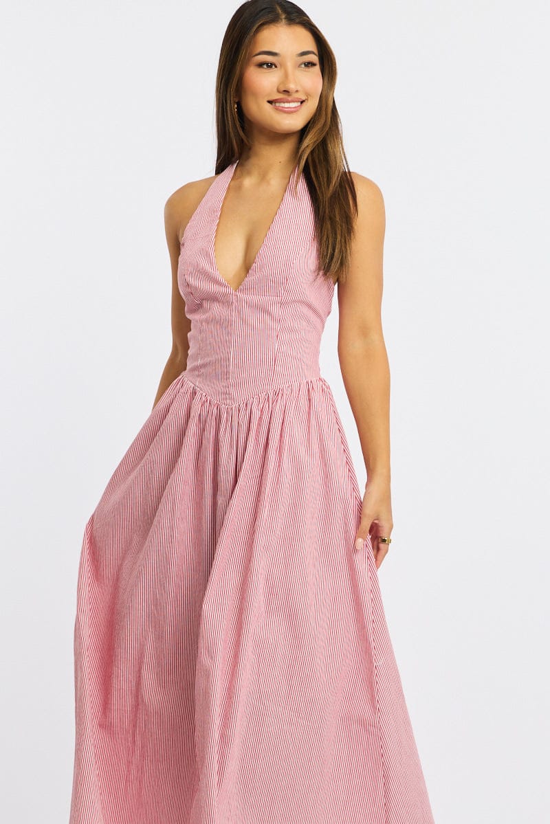 Red Stripe Halter Neck Dress