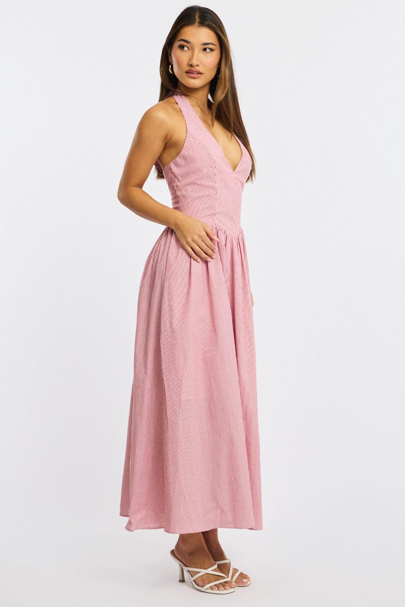 Red Stripe Halter Neck Dress