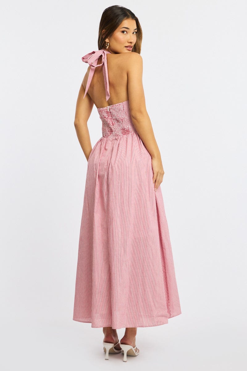 Red Stripe Halter Neck Dress