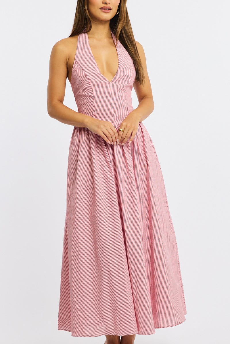 Red Stripe Halter Neck Dress