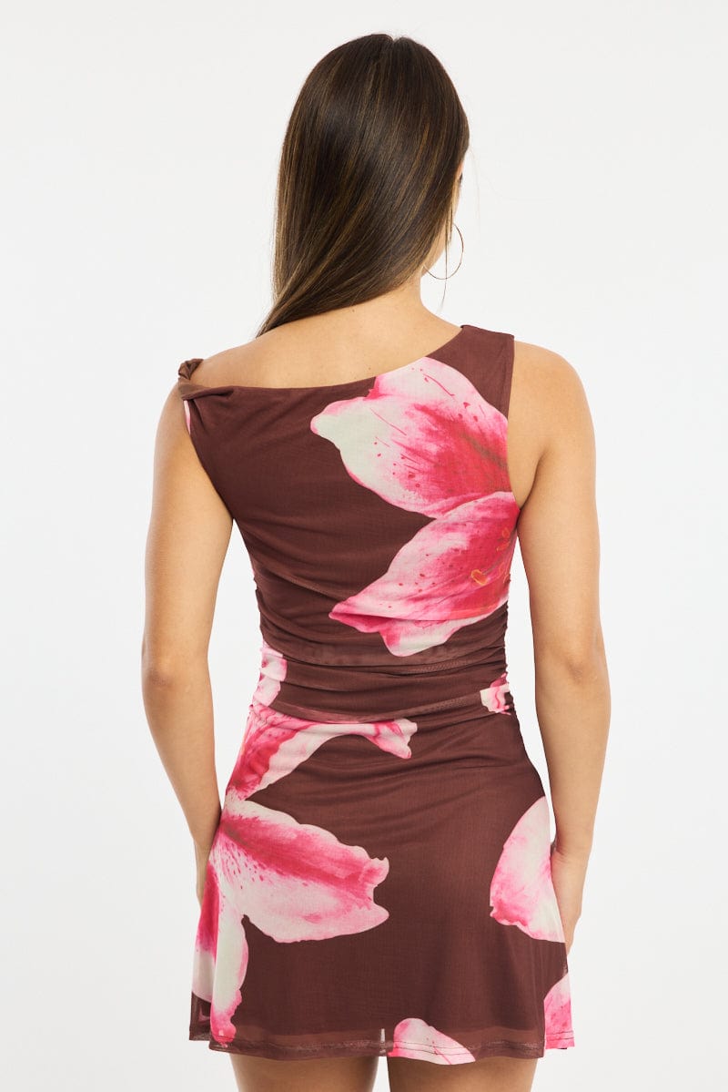 Brown Floral Mini Dress Off Shoulder