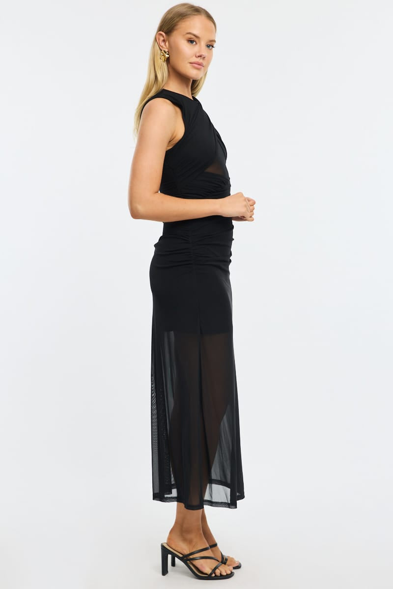 Black Midi Dress Cut Out Mesh