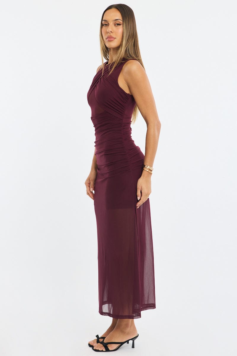 Red Midi Dress Cut Out Mesh