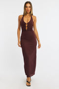 Brown Maxi Dress Beading Trim Textured Fabric