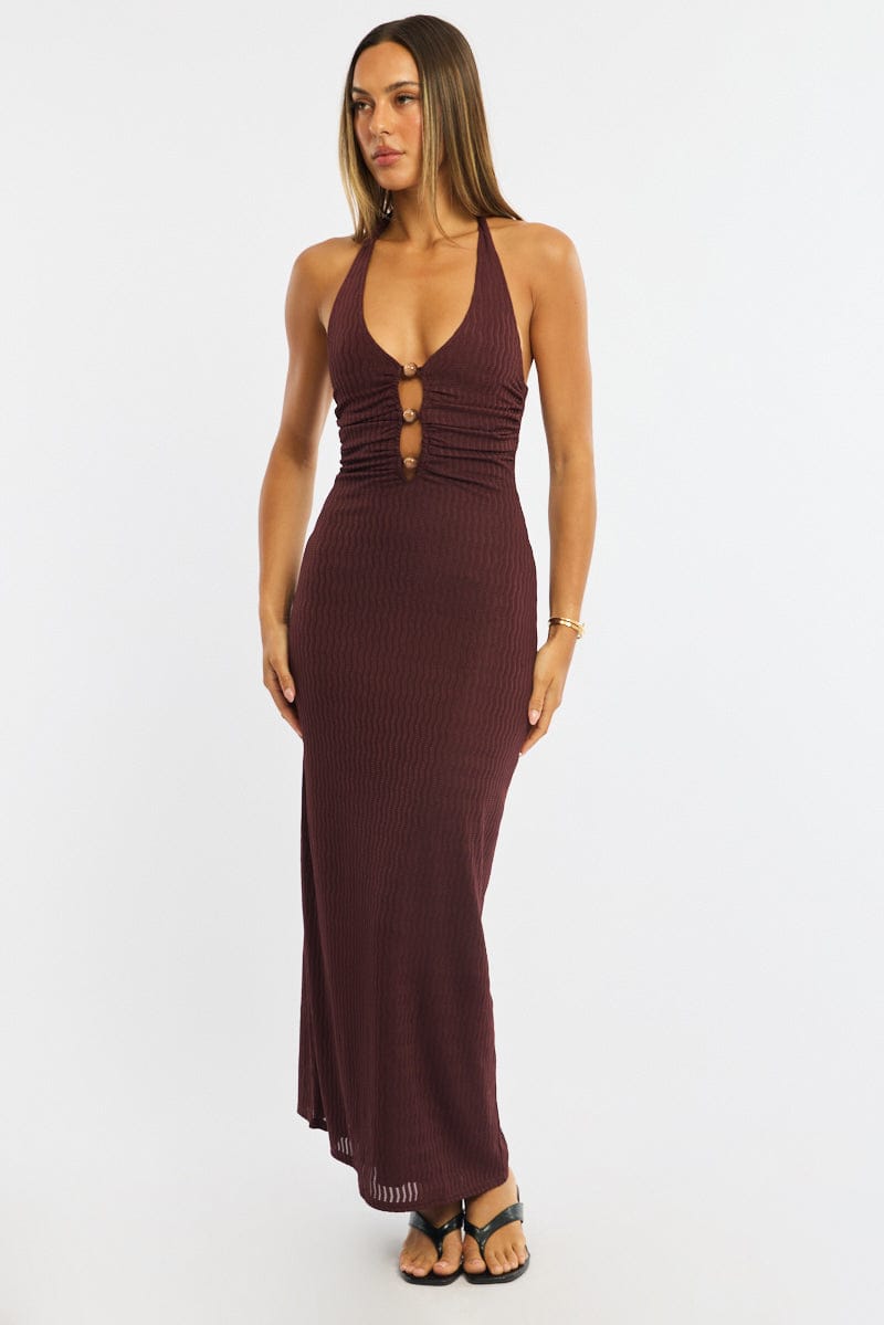 Brown Maxi Dress Beading Trim Textured Fabric