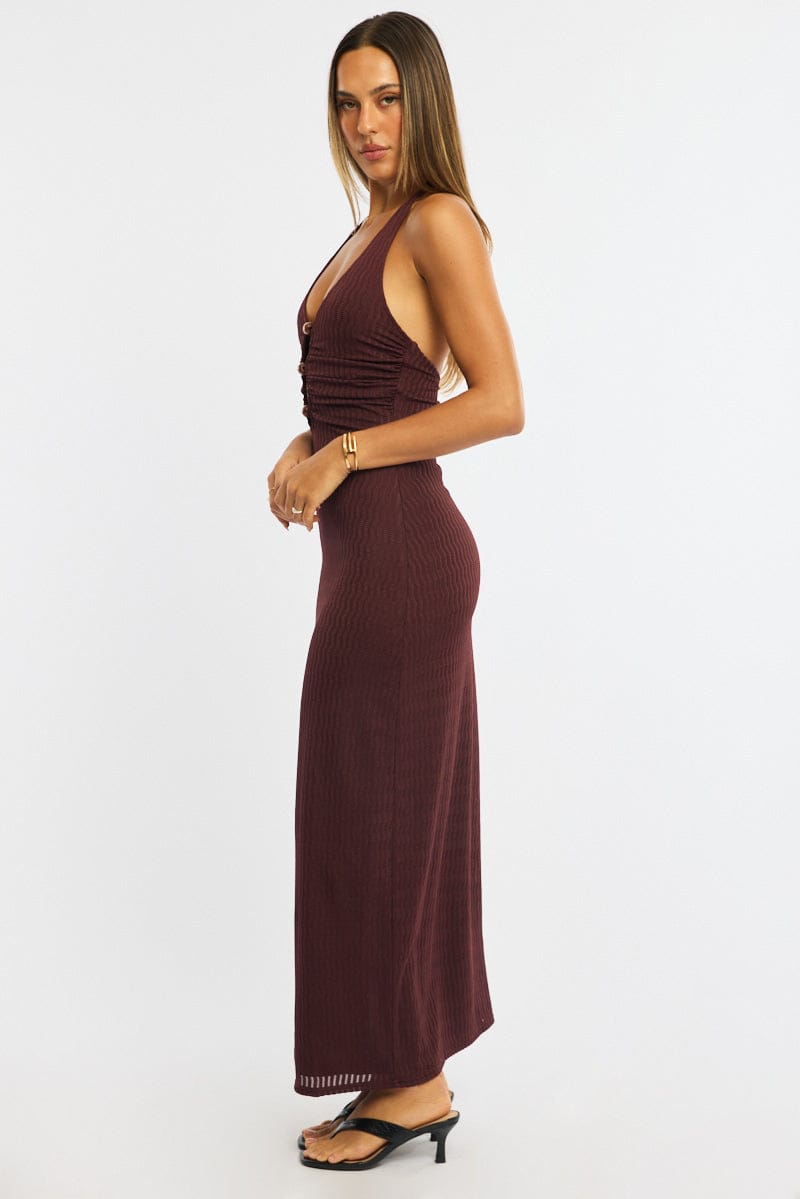 Brown Maxi Dress Beading Trim Textured Fabric