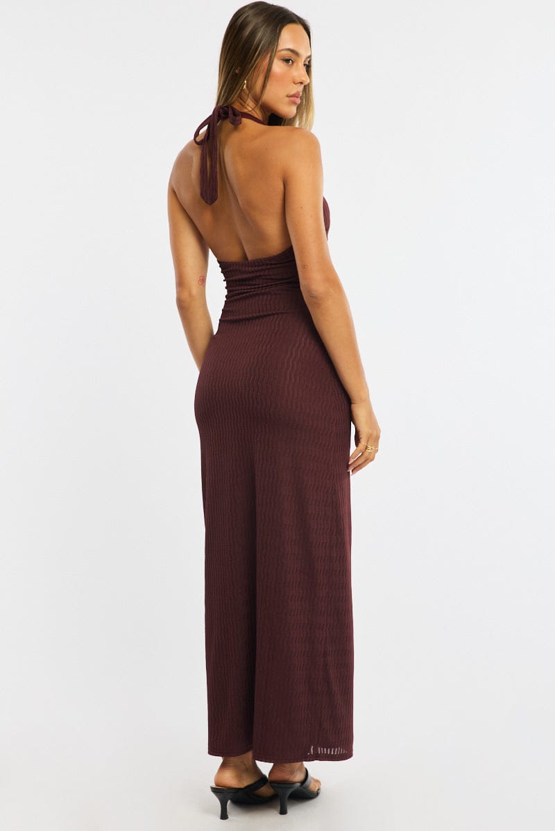 Brown Maxi Dress Beading Trim Textured Fabric
