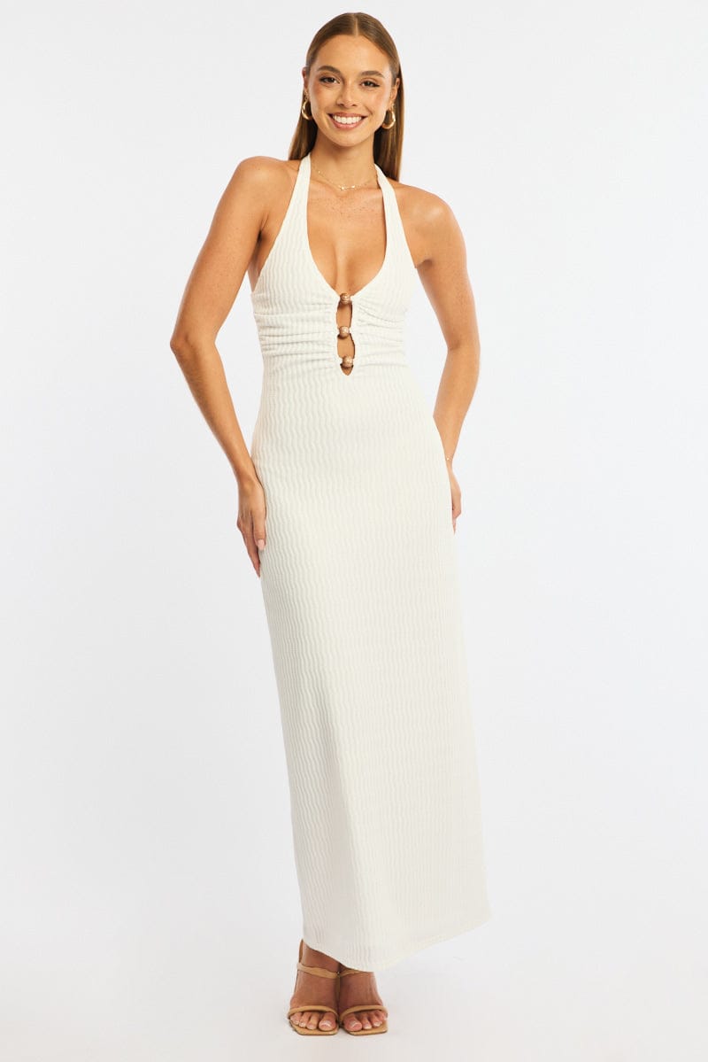 White Maxi Dress Beading Trim Textured Fabric