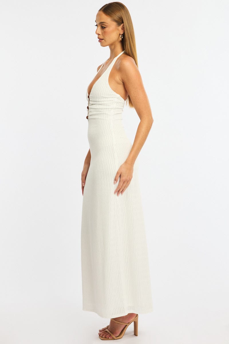 White Maxi Dress Beading Trim Textured Fabric