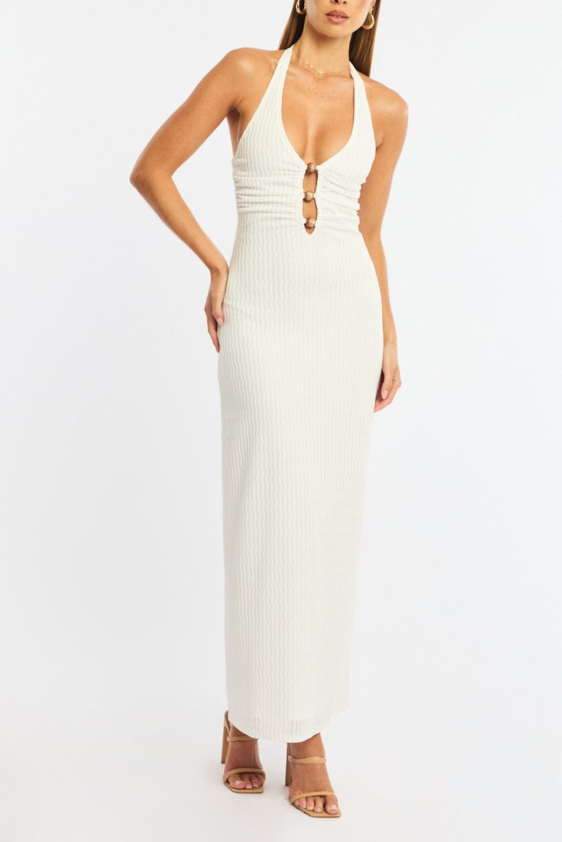 White Maxi Dress Beading Trim Textured Fabric