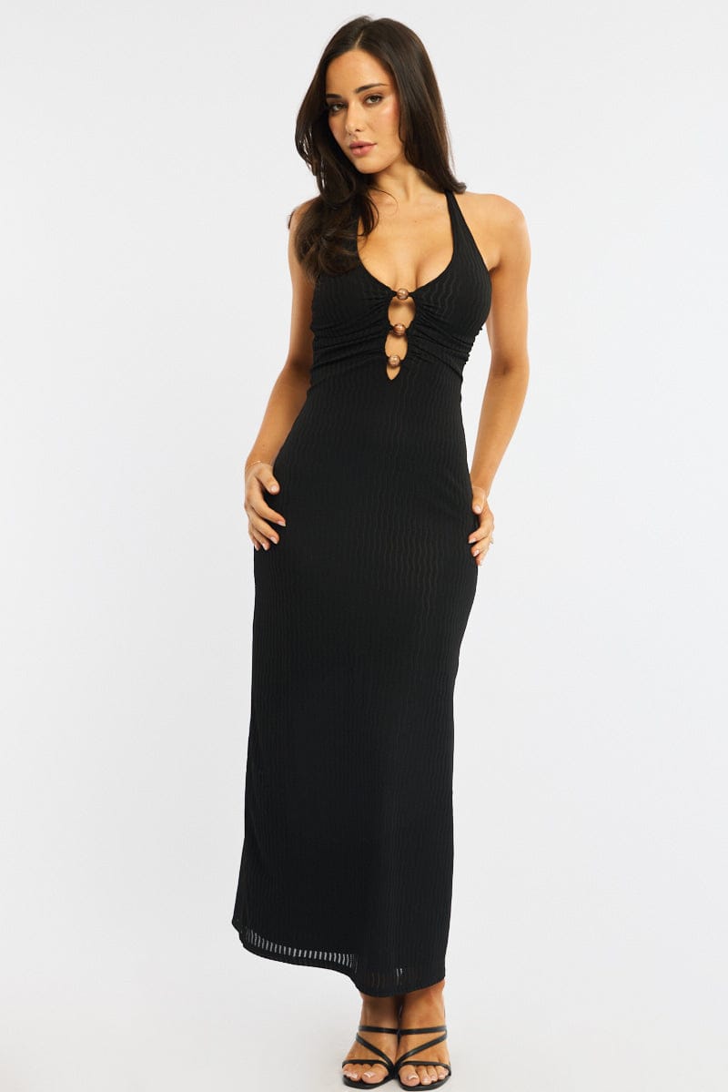 Black Maxi Dress Beading Trim Textured Fabric