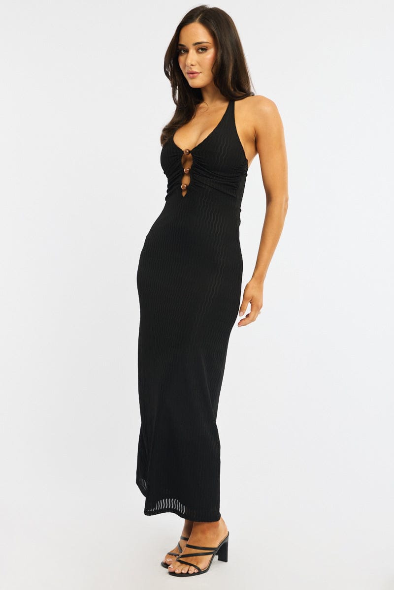 Black Maxi Dress Beading Trim Textured Fabric