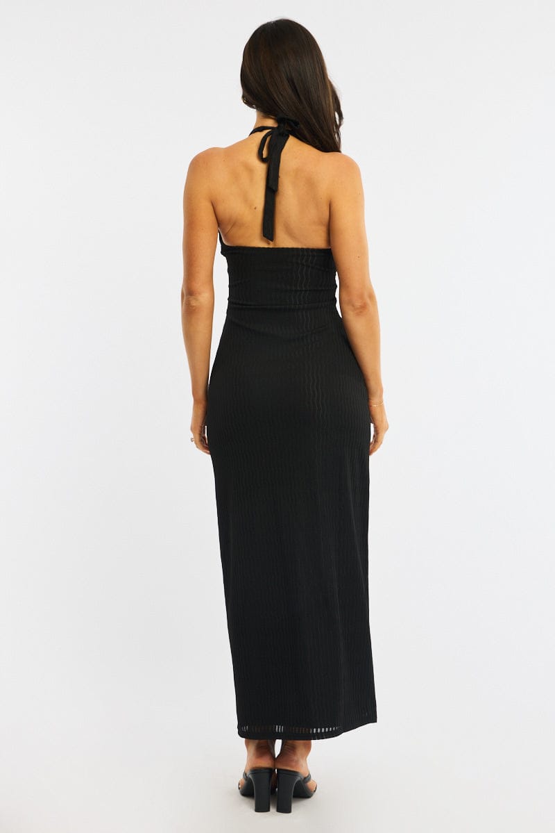 Black Maxi Dress Beading Trim Textured Fabric