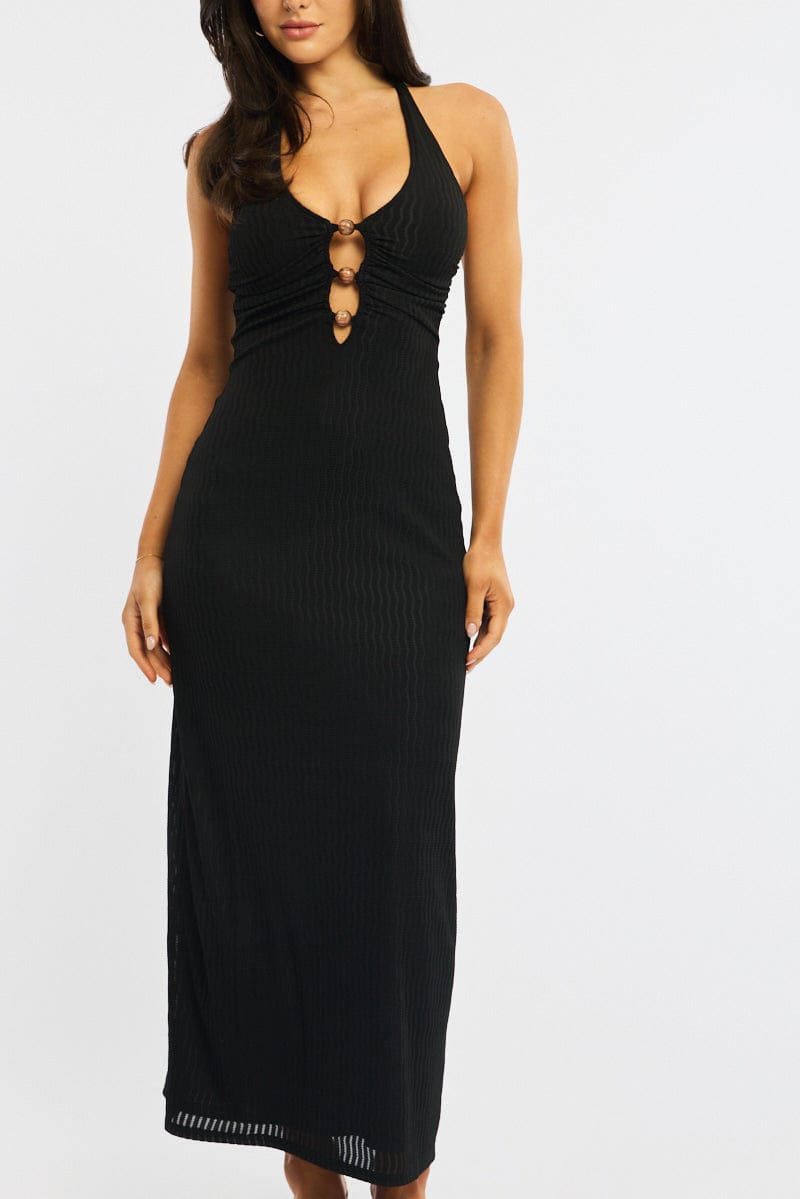 Black Maxi Dress Beading Trim Textured Fabric