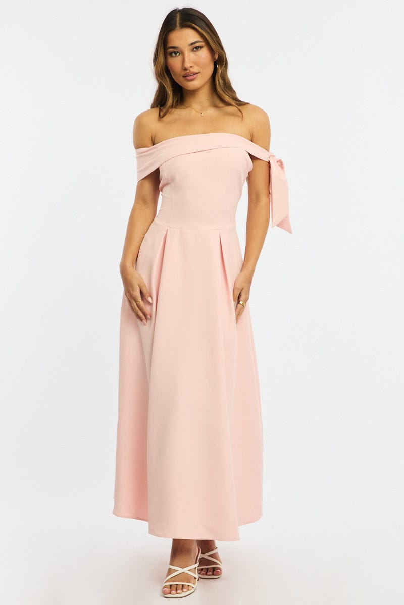 Pink Off Shoulder Midi Dress