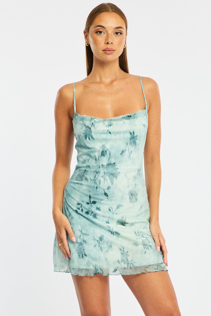 Blue Floral Mini Dress Burnout Fabric