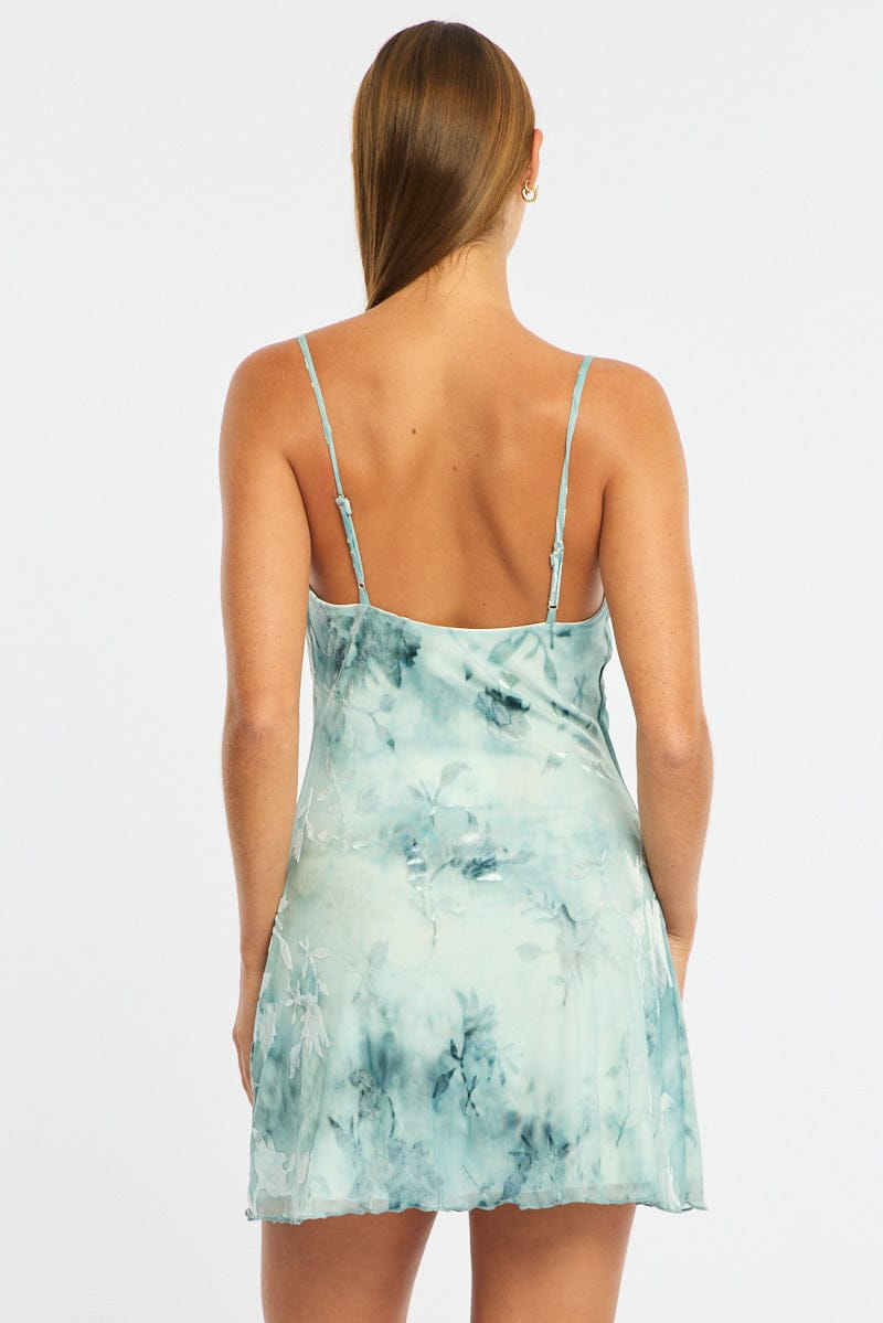 Blue Floral Mini Dress Burnout Fabric