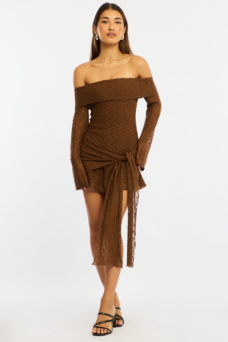 Brown Off Shoulder Dress Long Sleeve