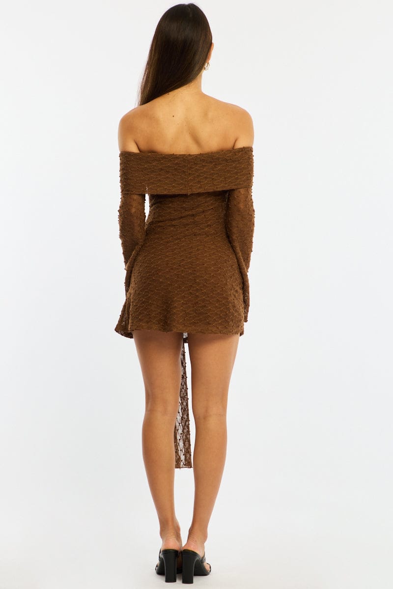 Brown Off Shoulder Dress Long Sleeve