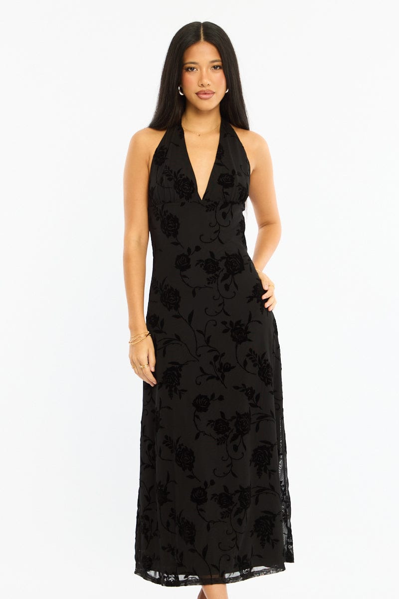 Black Halter Neck Dress Burnout