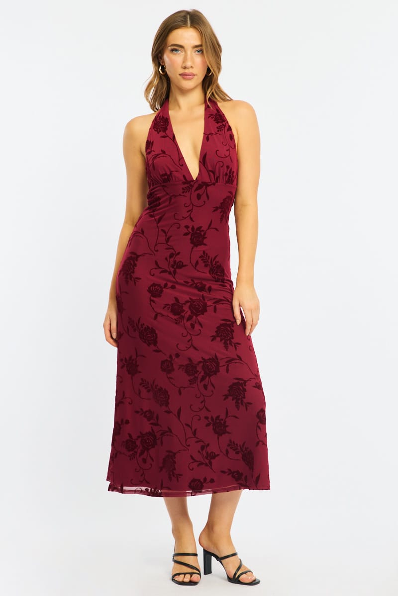Red Halter Neck Dress Burnout