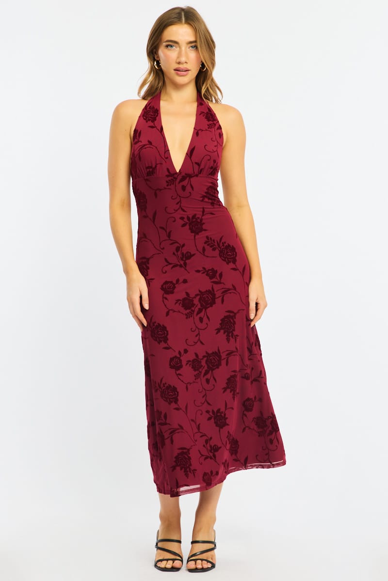 Red Halter Neck Dress Burnout