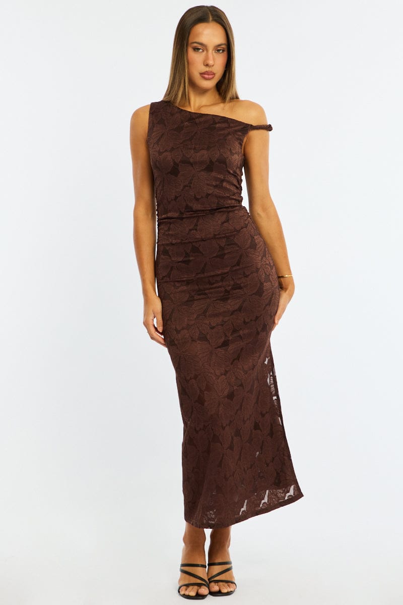 Brown Off Shoulder Midi Dress