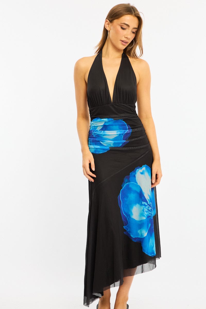 Blue Floral Halter Neck Midi Dress