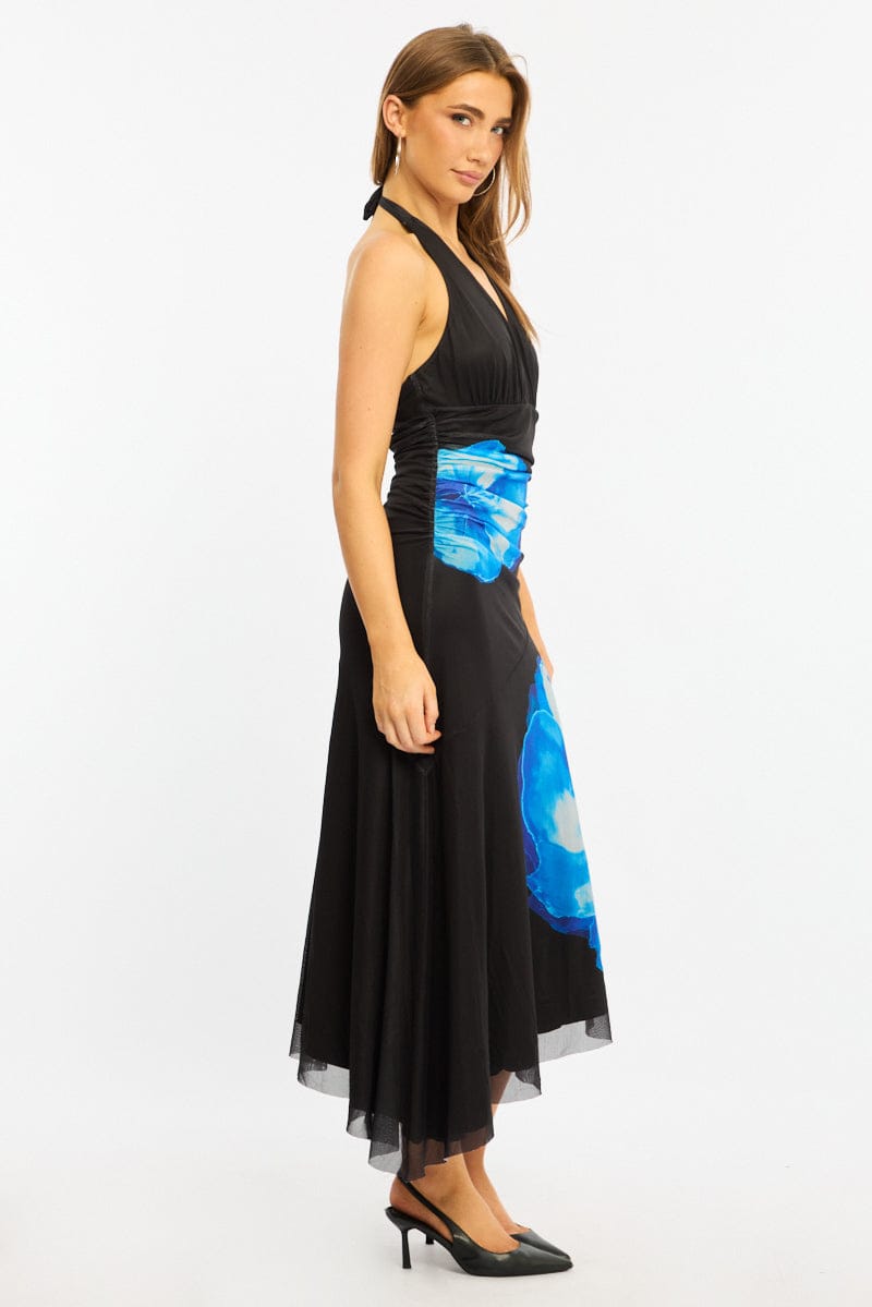 Blue Floral Halter Neck Midi Dress