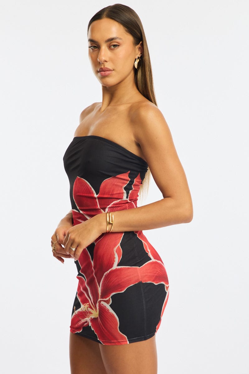 Black Floral Bodycon Dress Mini