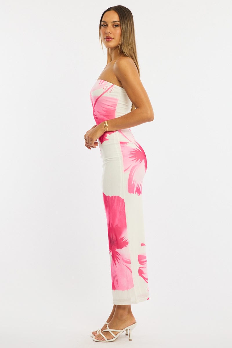 Pink Floral Strapless Maxi Dress