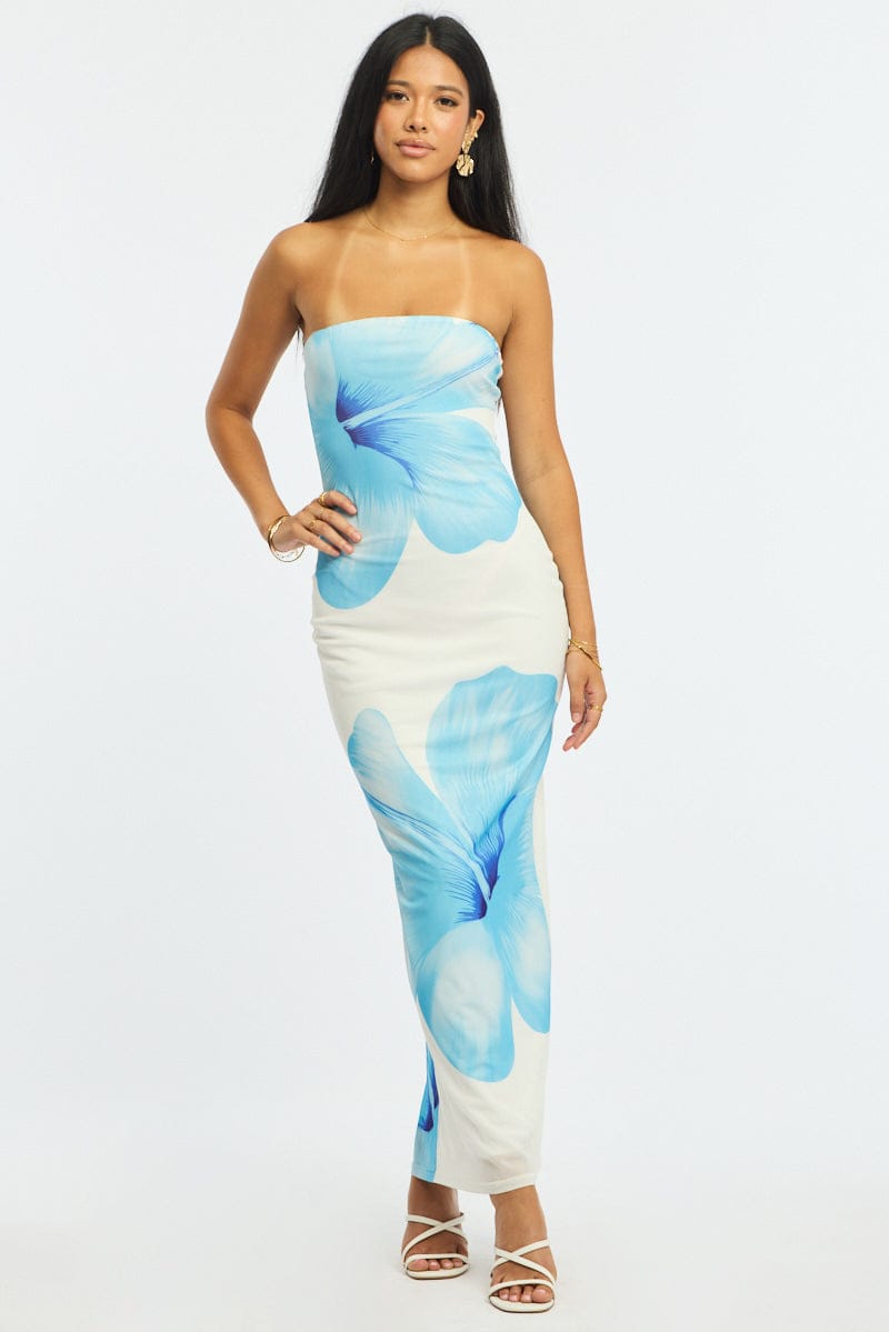 Blue Floral Strapless Maxi Dress