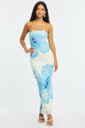 Blue Floral Strapless Maxi Dress