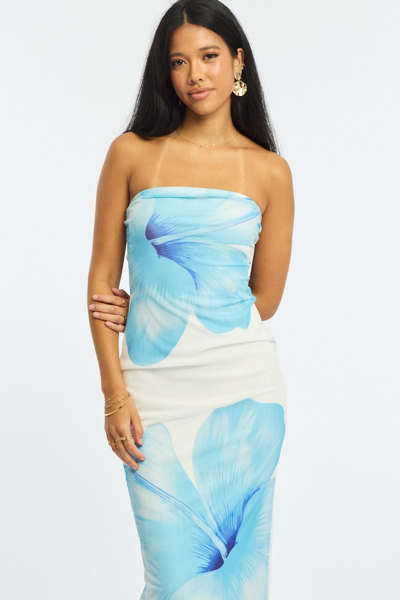 Blue Floral Strapless Maxi Dress