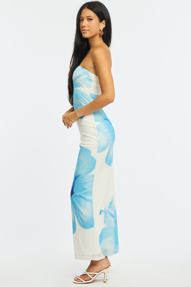 Blue Floral Strapless Maxi Dress