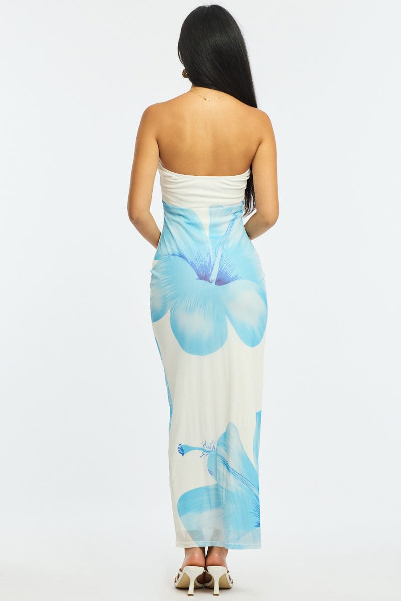 Blue Floral Strapless Maxi Dress