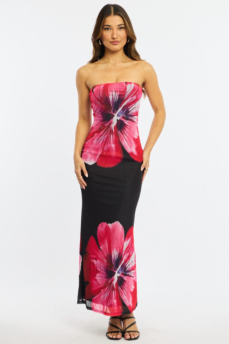 Black Floral Strapless Maxi Dress