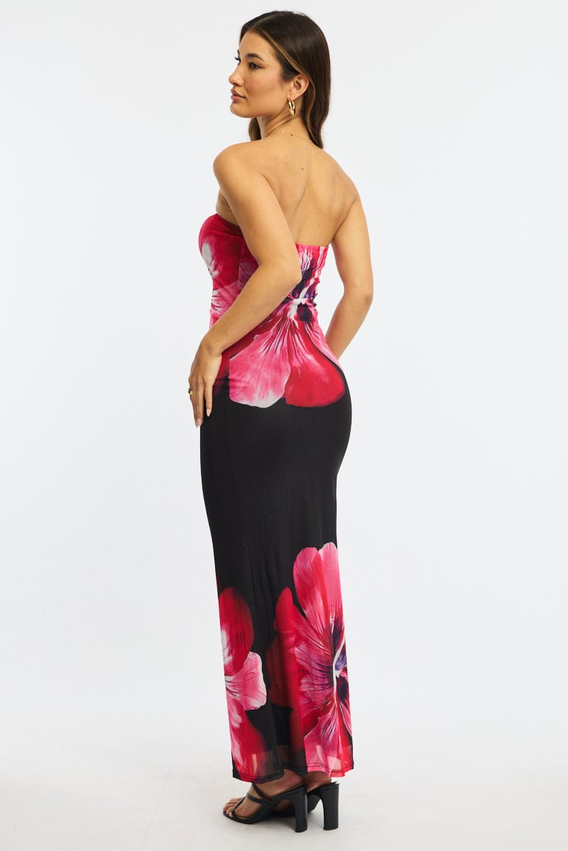 Black Floral Strapless Maxi Dress