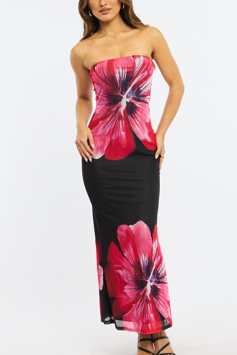 Black Floral Strapless Maxi Dress